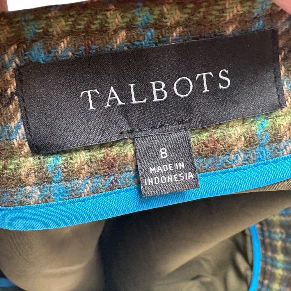 Talbots Womens Brown Blue Plaid Wool Blend Fringe Faux Wrap Skirt Size 8